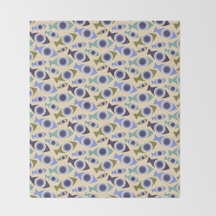 Geometric Fish Pattern - Blue and Olive Throw Blanket Gallery Image 2