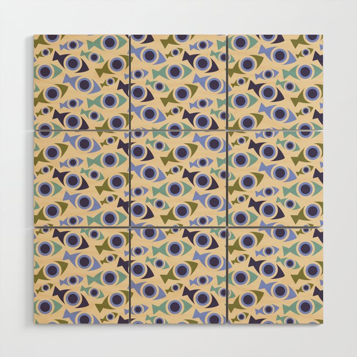 Geometric Fish Pattern - Blue and Olive Wood Wall Art Gallery Image 1
