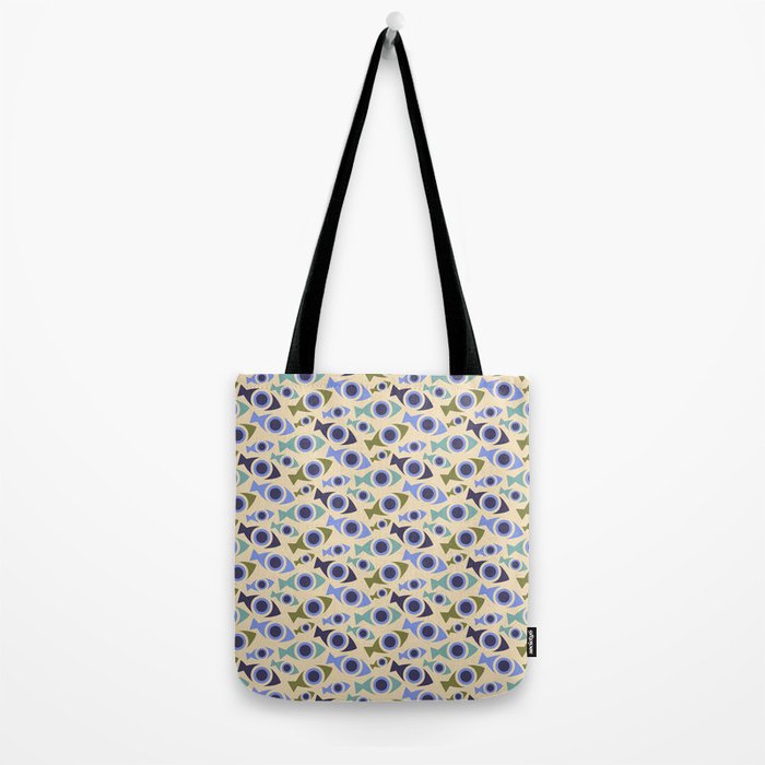 Geometric Fish Pattern - Blue and Olive Tote Bag Gallery Image 2