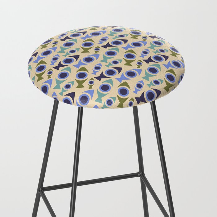 Geometric Fish Pattern - Blue and Olive Stool Gallery Image 2