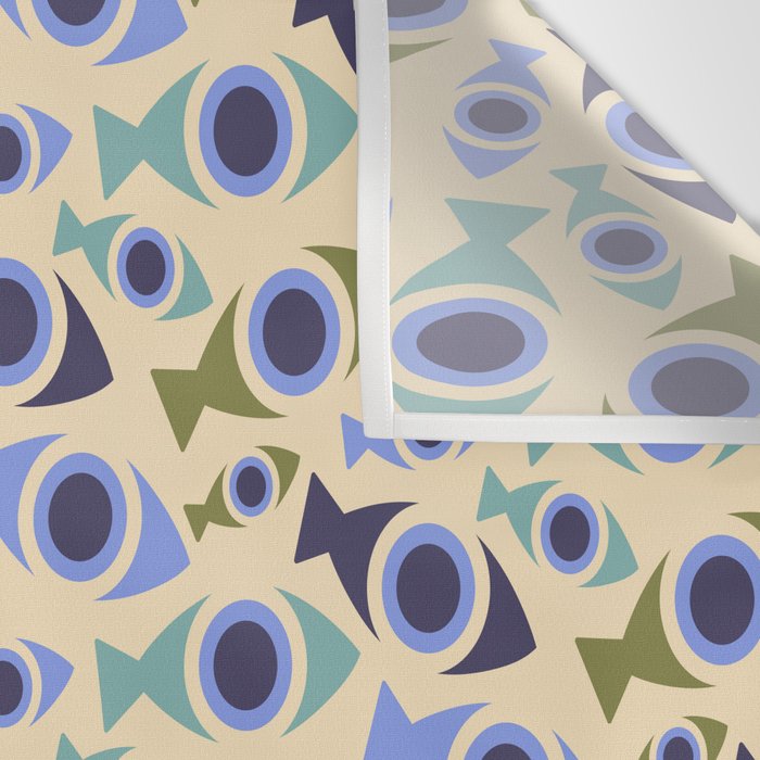 Geometric Fish Pattern - Blue and Olive Wall Tapestry Gallery Image 3