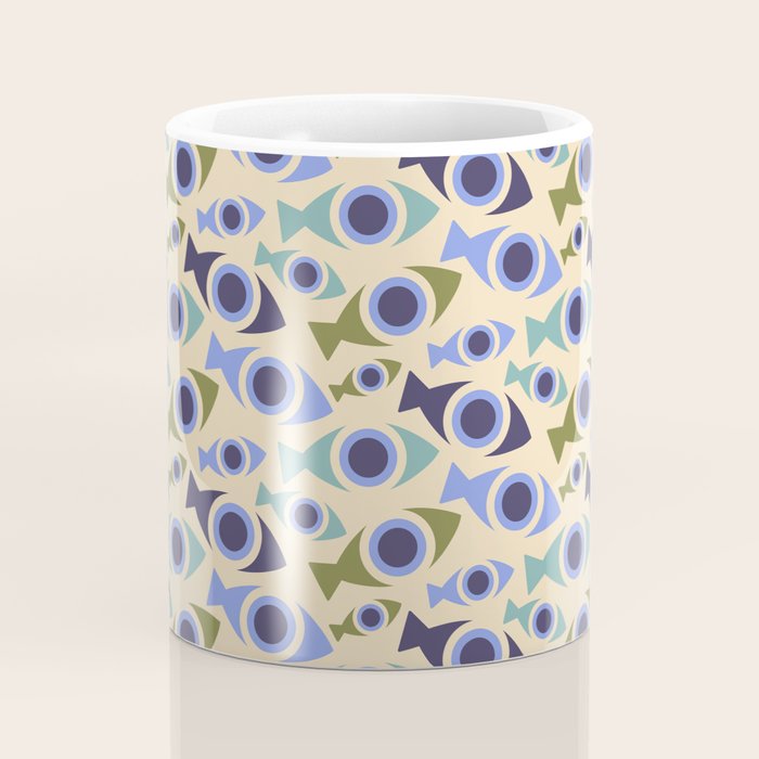 Geometric Fish Pattern - Blue and Olive Coffee Mug Gallery Image 4