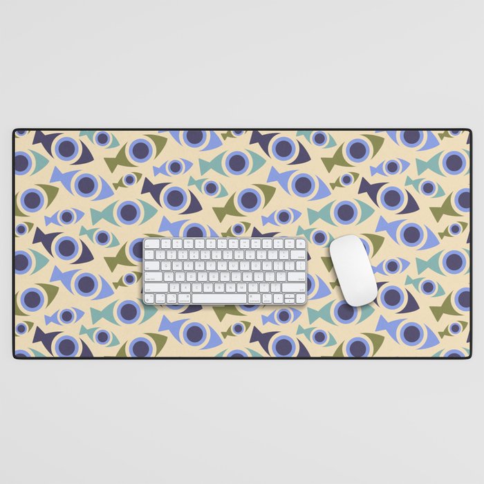Geometric Fish Pattern - Blue and Olive Desk Mat Gallery Image 1