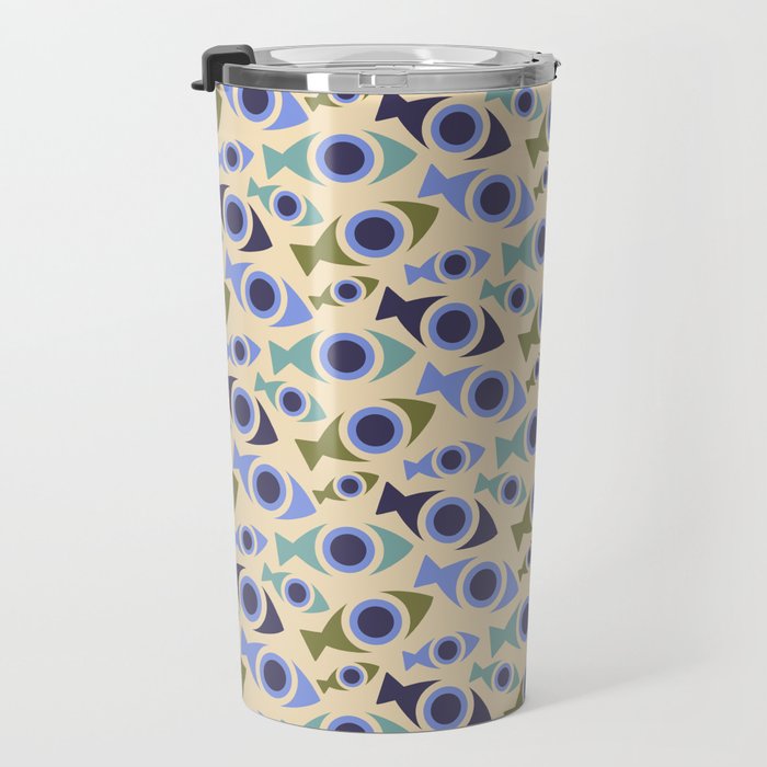 Geometric Fish Pattern - Blue and Olive Travel Mug Gallery Image 3