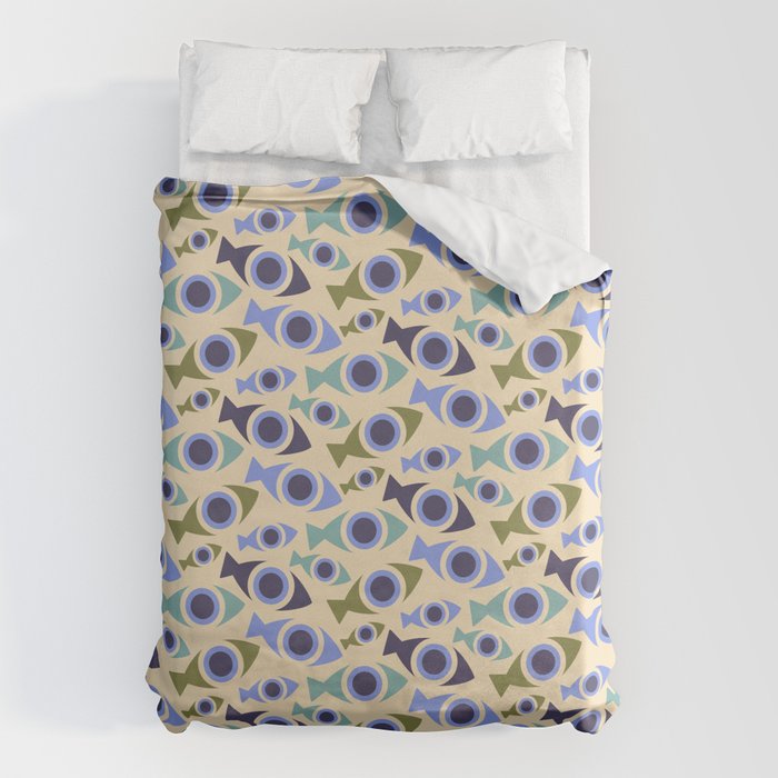 Geometric Fish Pattern - Blue and Olive Duvet Cover Gallery Image 1