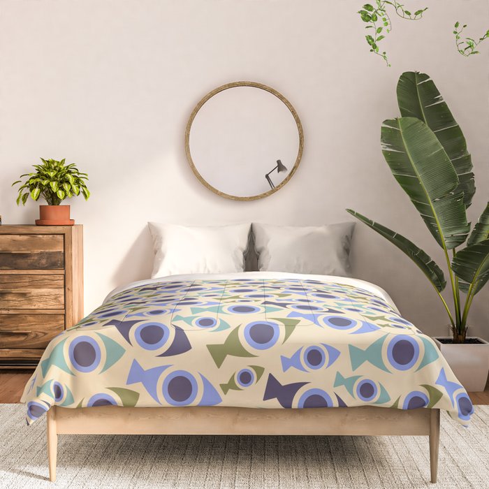 Geometric Fish Pattern - Blue and Olive Comforter Gallery Image 3