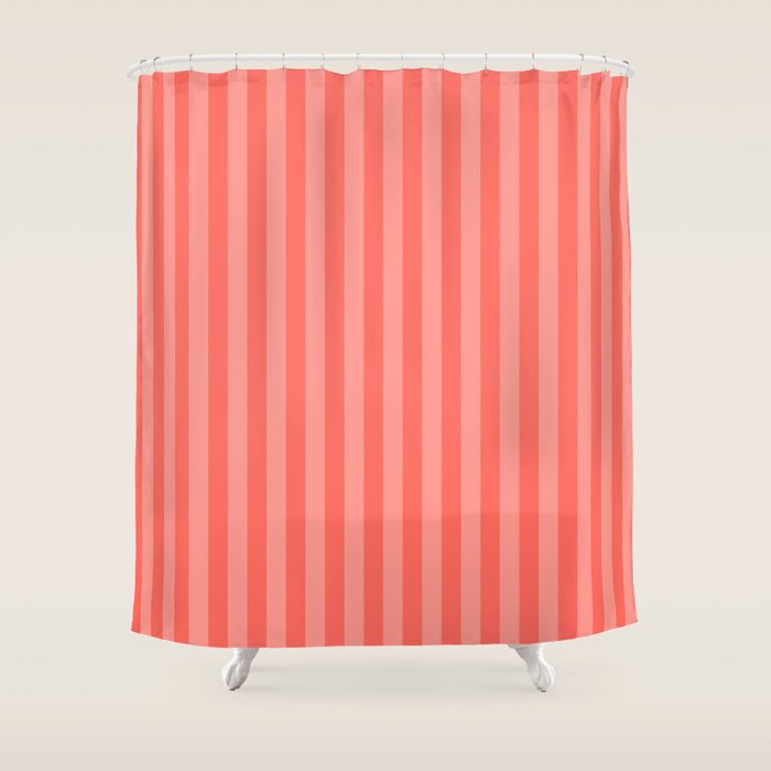 Coral Pink Thin Vertical Stripes Shower Curtain Gallery Image 1