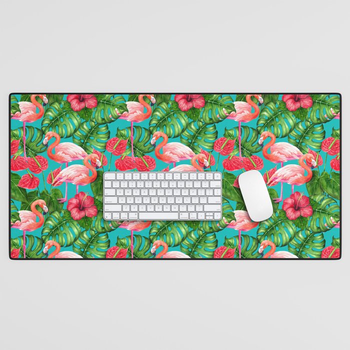 Flamingo birds and tropical garden          watercolor Desk Mat Gallery Image 1