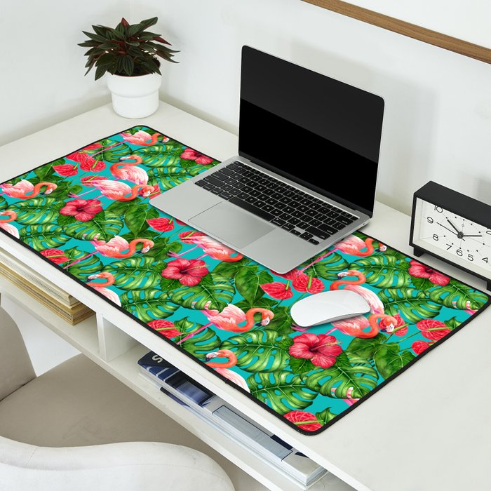 Flamingo birds and tropical garden          watercolor Desk Mat Gallery Image 2
