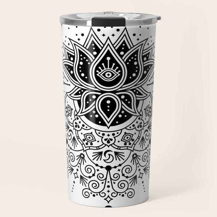 Lotus Blossom Mandala - Black Palette Travel Mug Gallery Image 1