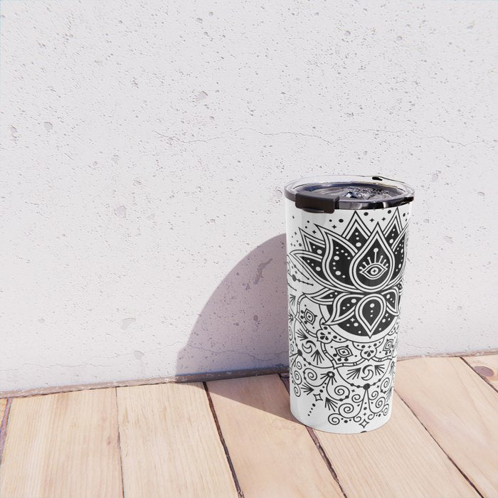 Lotus Blossom Mandala - Black Palette Travel Mug Gallery Image 4