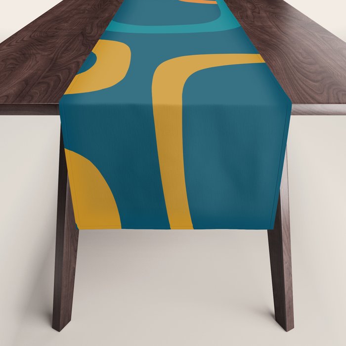 Midcentury Modern Loops Pattern in Moroccan Blue, Orange, and Mustard Table Runner Gallery Image 1