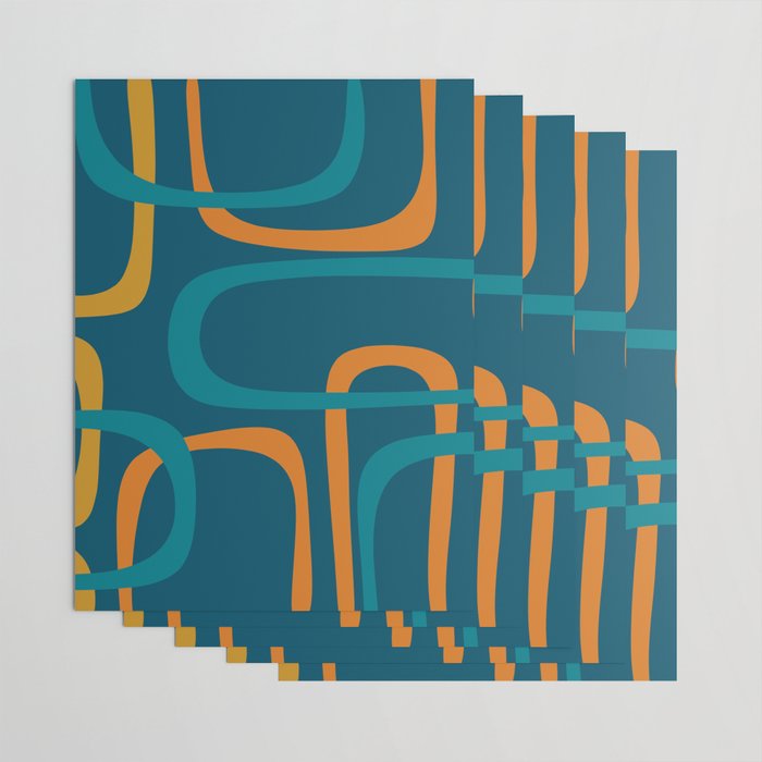 Midcentury Modern Loops Pattern in Moroccan Blue, Orange, and Mustard Wrapping Paper Gallery Image 3