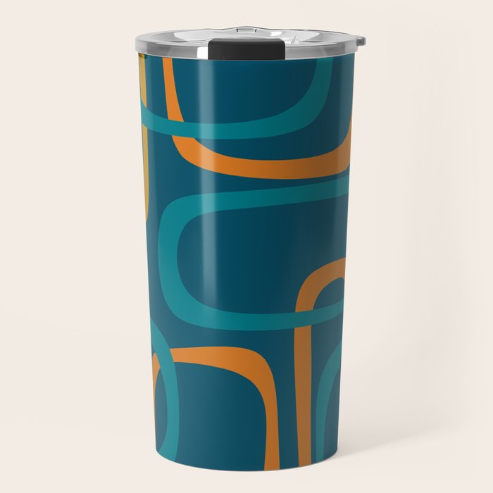Midcentury Modern Loops Pattern in Moroccan Blue, Orange, and Mustard Travel Mug Gallery Image 1