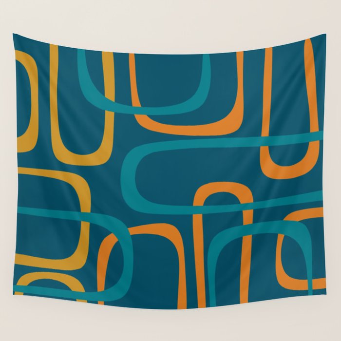 Midcentury Modern Loops Pattern in Moroccan Blue, Orange, and Mustard Wall Tapestry Gallery Image 4