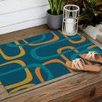 Midcentury Modern Loops Pattern in Moroccan Blue, Orange, and Mustard Outdoor Rug Gallery Image 2