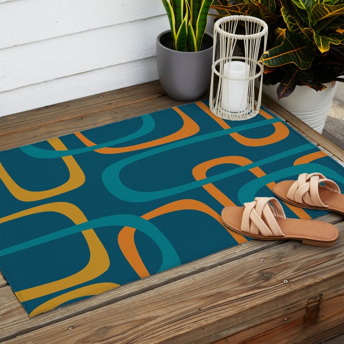 Midcentury Modern Loops Pattern in Moroccan Blue, Orange, and Mustard Outdoor Rug Gallery Image 2
