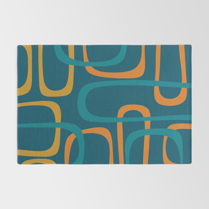 Midcentury Modern Loops Pattern in Moroccan Blue, Orange, and Mustard Rug Gallery Image 2