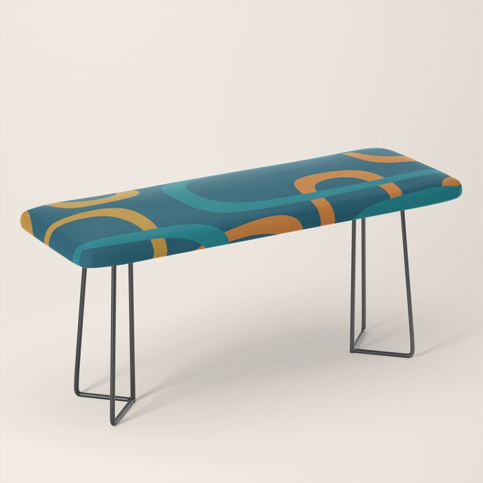 Midcentury Modern Loops Pattern in Moroccan Blue, Orange, and Mustard Bench Gallery Image 1
