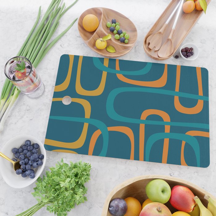 Midcentury Modern Loops Pattern in Moroccan Blue, Orange, and Mustard Cutting Board Gallery Image 2