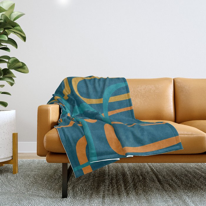 Midcentury Modern Loops Pattern in Moroccan Blue, Orange, and Mustard Throw Blanket Gallery Image 1
