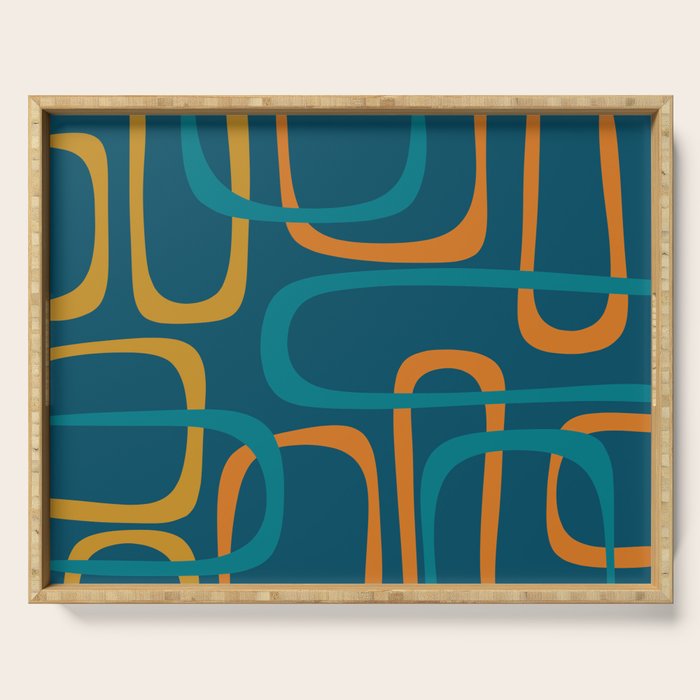 Midcentury Modern Loops Pattern in Moroccan Blue, Orange, and Mustard Serving Tray Gallery Image 1