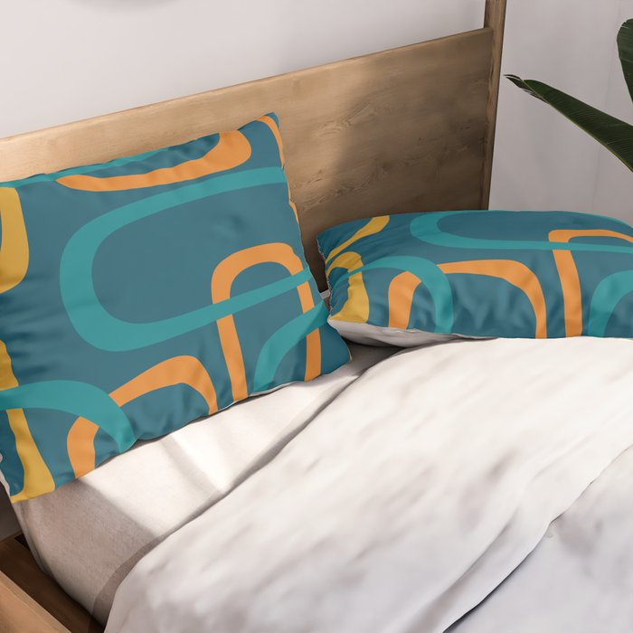 Midcentury Modern Loops Pattern in Moroccan Blue, Orange, and Mustard Pillow Sham Gallery Image 2