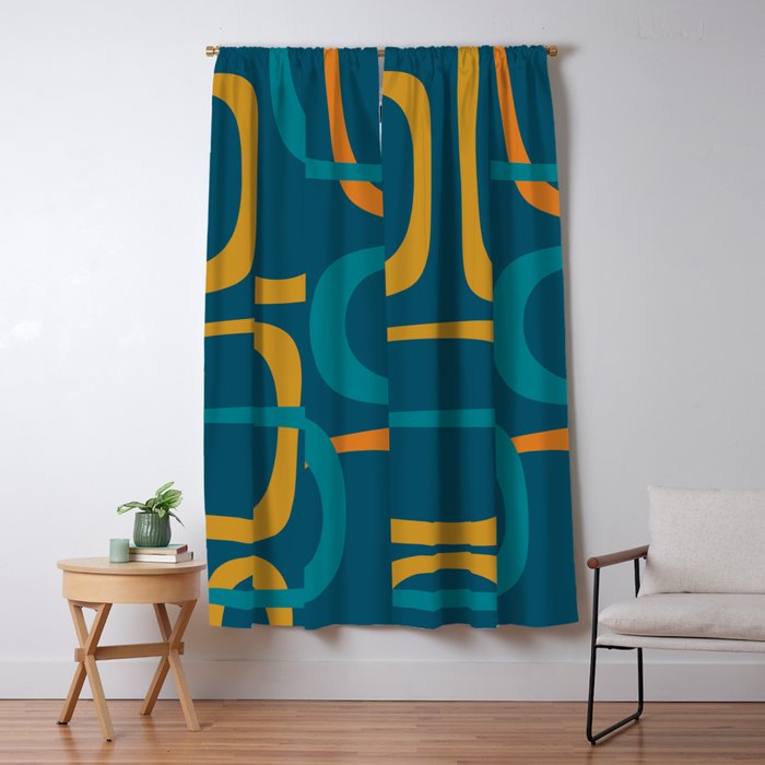Midcentury Modern Loops Pattern in Moroccan Blue, Orange, and Mustard Window Curtain Gallery Image 1