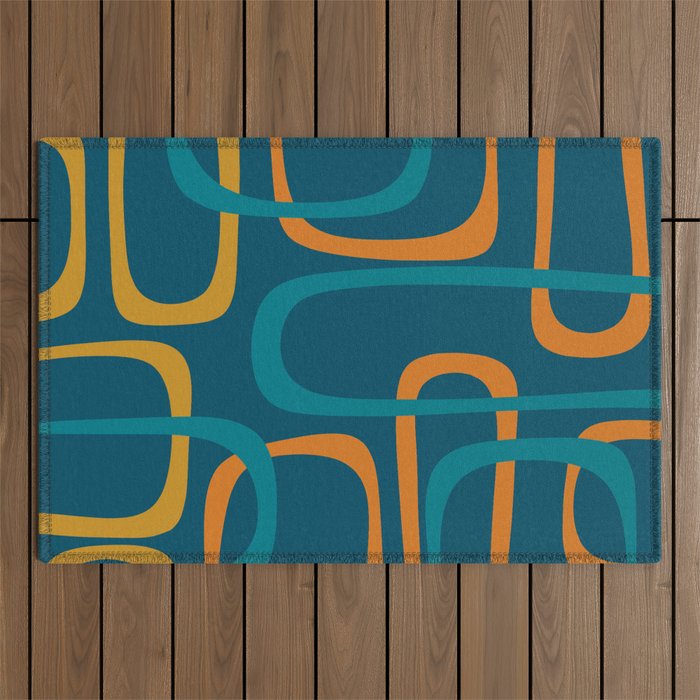Midcentury Modern Loops Pattern in Moroccan Blue, Orange, and Mustard Outdoor Rug Gallery Image 1
