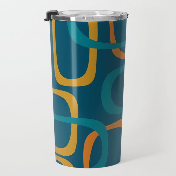 Midcentury Modern Loops Pattern in Moroccan Blue, Orange, and Mustard Travel Mug Gallery Image 3