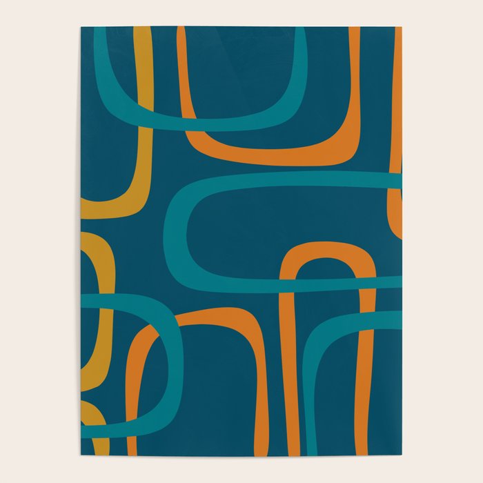 Midcentury Modern Loops Pattern in Moroccan Blue, Orange, and Mustard Poster Gallery Image 1
