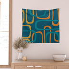 Midcentury Modern Loops Pattern in Moroccan Blue, Orange, and Mustard Wall Tapestry Gallery Image 2