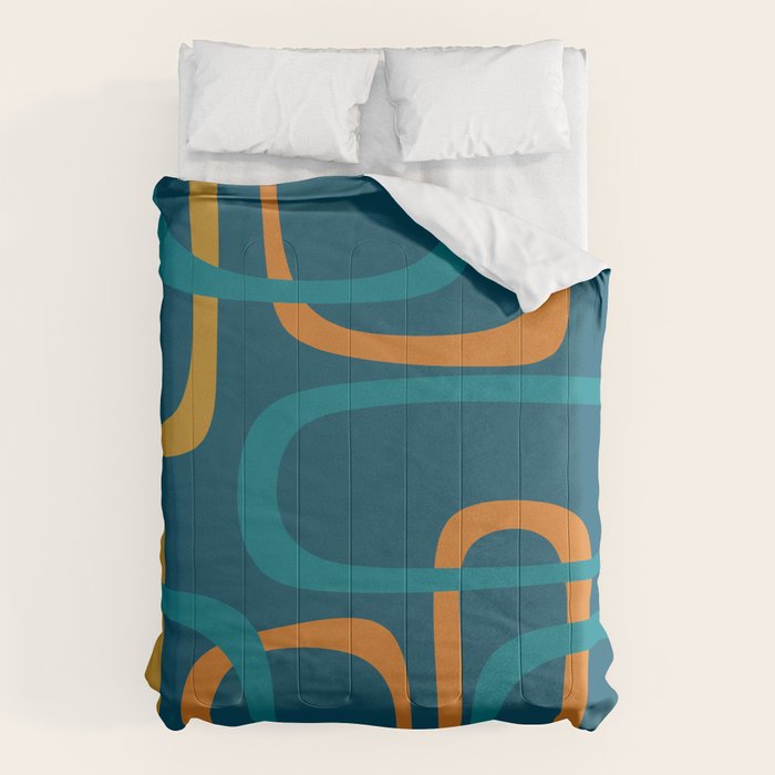 Midcentury Modern Loops Pattern in Moroccan Blue, Orange, and Mustard Comforter Gallery Image 1