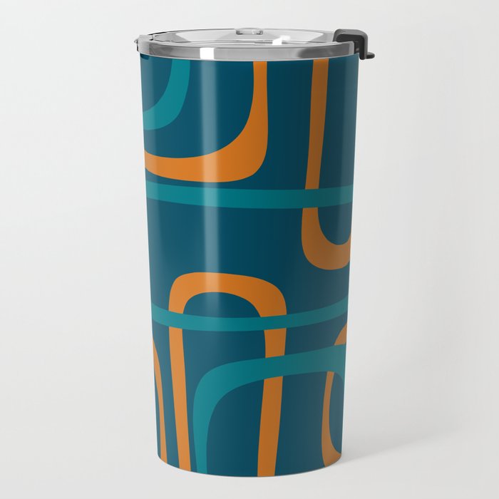 Midcentury Modern Loops Pattern in Moroccan Blue, Orange, and Mustard Travel Mug Gallery Image 2