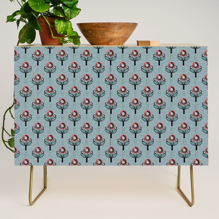 Blockprint Blooms on light blue Credenza Gallery Image 1