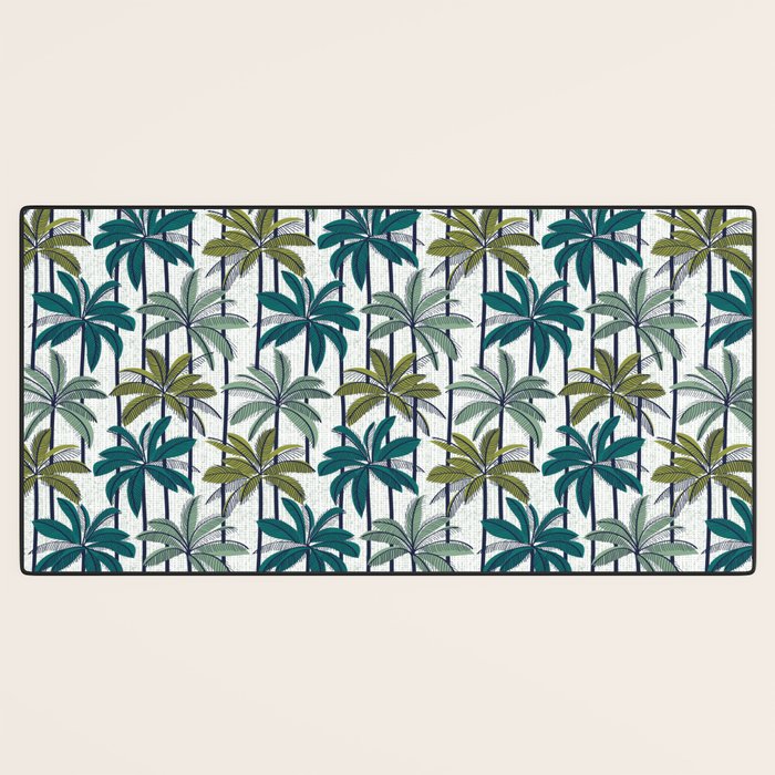 Retro Palm Springs vibes // white background highball sage and pine green palm trees oxford navy blue lines Desk Mat Gallery Image 3