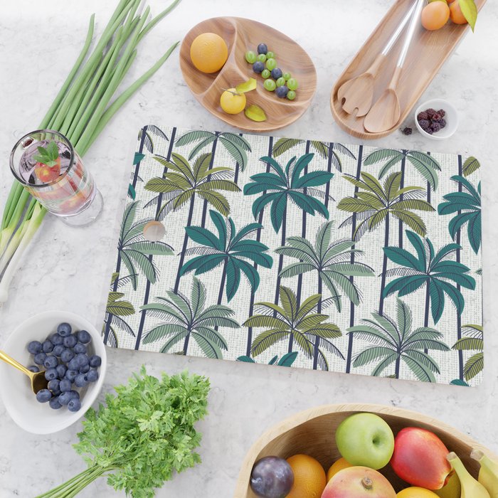 Retro Palm Springs vibes // white background highball sage and pine green palm trees oxford navy blue lines Cutting Board Gallery Image 2