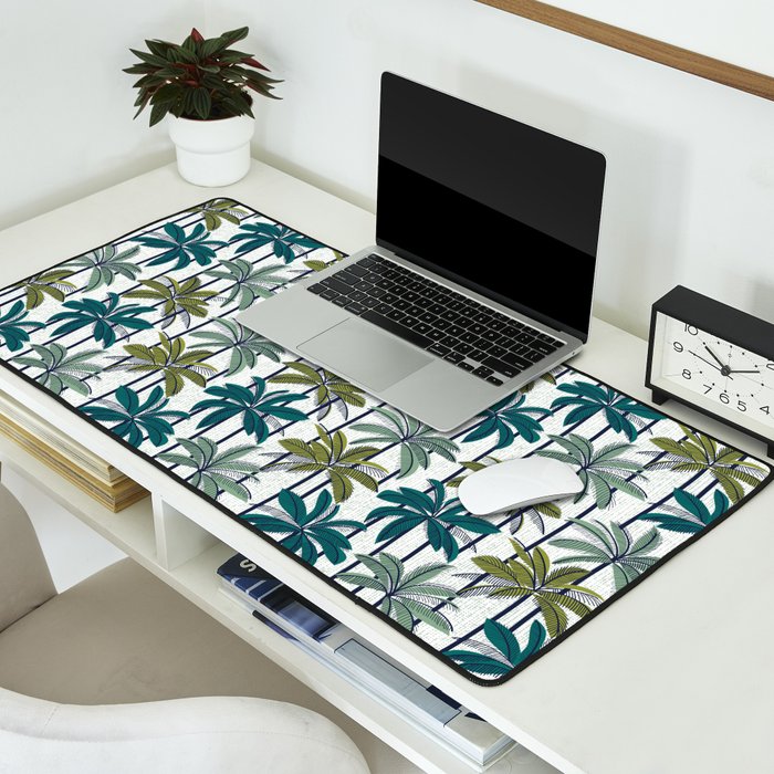 Retro Palm Springs vibes // white background highball sage and pine green palm trees oxford navy blue lines Desk Mat Gallery Image 2