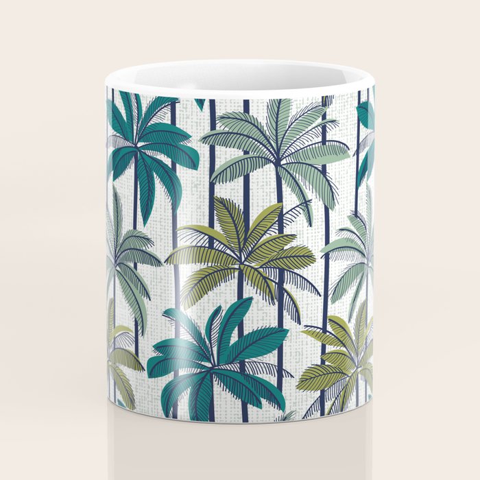 Retro Palm Springs vibes // white background highball sage and pine green palm trees oxford navy blue lines Coffee Mug Gallery Image 4