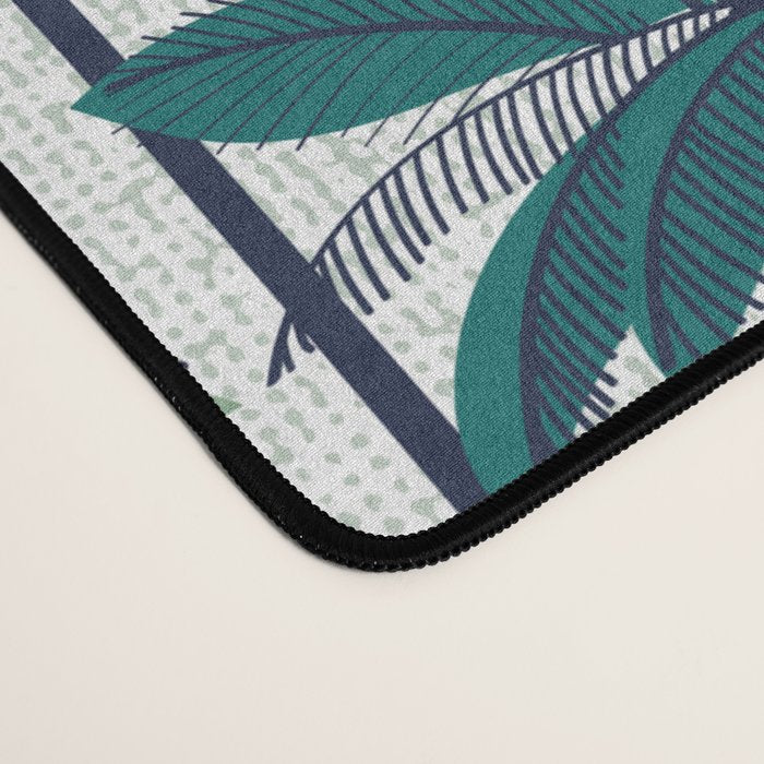 Retro Palm Springs vibes // white background highball sage and pine green palm trees oxford navy blue lines Desk Mat Gallery Image 4