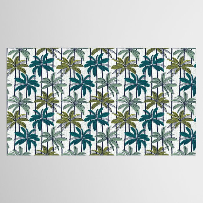Retro Palm Springs vibes // white background highball sage and pine green palm trees oxford navy blue lines Tablecloth Gallery Image 2