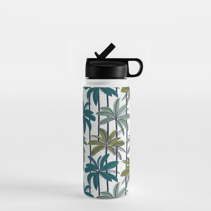 Retro Palm Springs vibes // white background highball sage and pine green palm trees oxford navy blue lines Water Bottle Gallery Image 1