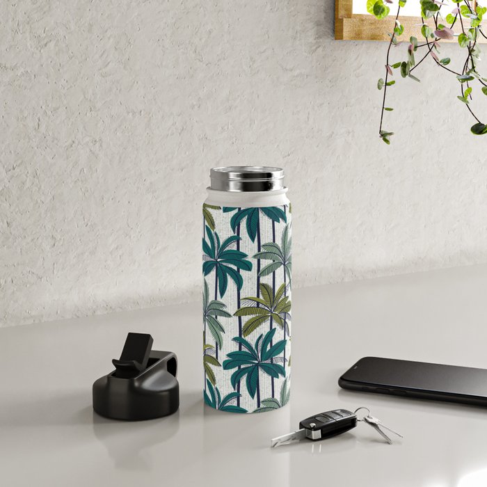 Retro Palm Springs vibes // white background highball sage and pine green palm trees oxford navy blue lines Water Bottle Gallery Image 4