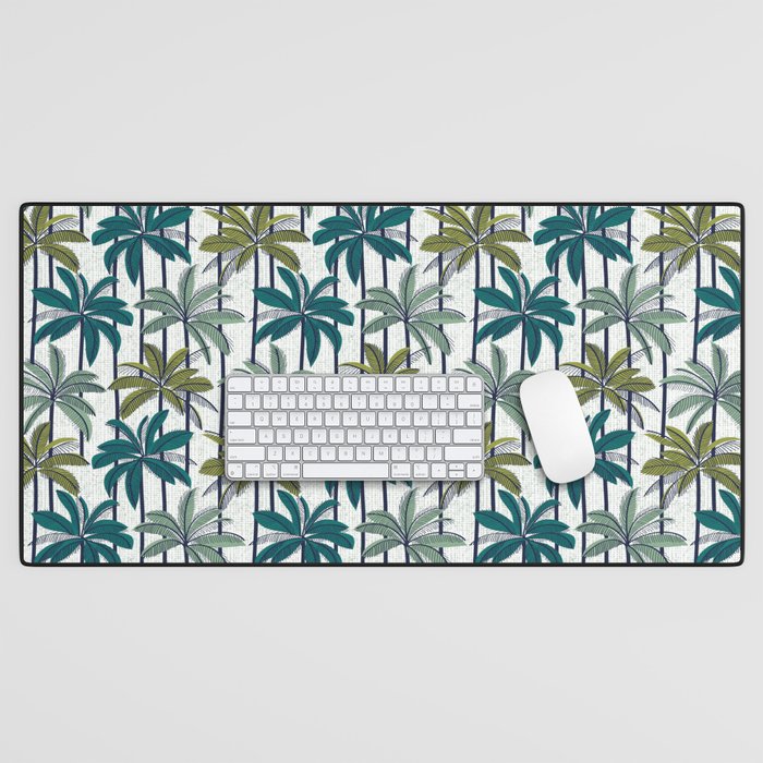 Retro Palm Springs vibes // white background highball sage and pine green palm trees oxford navy blue lines Desk Mat Gallery Image 1