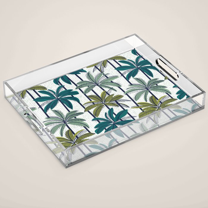 Retro Palm Springs vibes // white background highball sage and pine green palm trees oxford navy blue lines Acrylic Tray Gallery Image 1