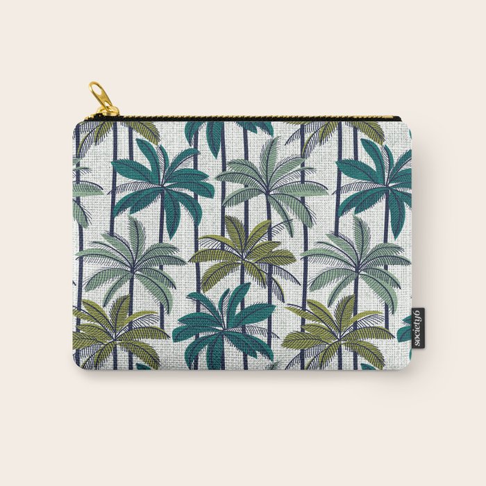 Retro Palm Springs vibes // white background highball sage and pine green palm trees oxford navy blue lines Carry All Pouch Gallery Image 1