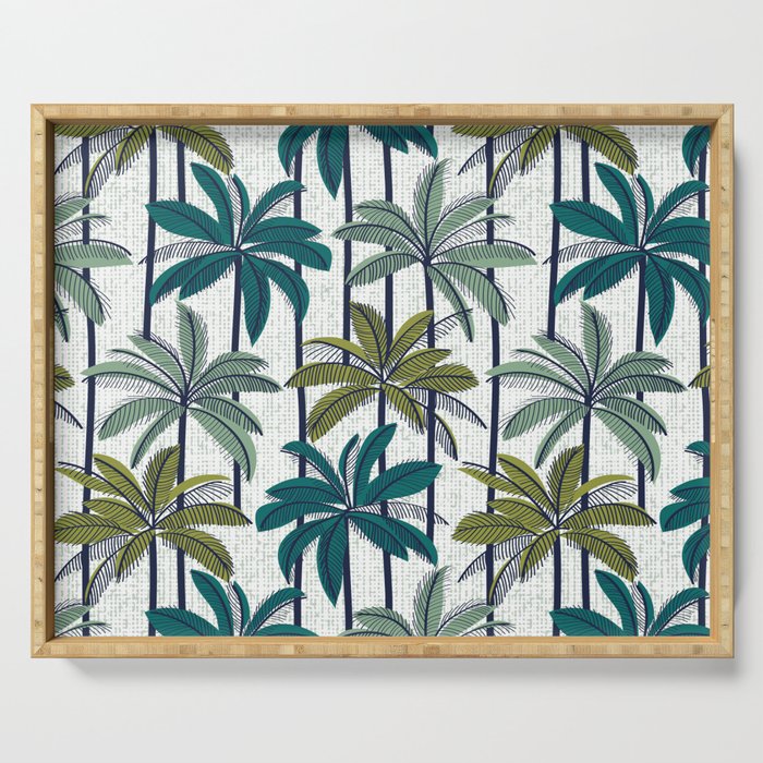Retro Palm Springs vibes // white background highball sage and pine green palm trees oxford navy blue lines Serving Tray Gallery Image 1