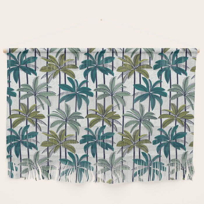 Retro Palm Springs vibes // white background highball sage and pine green palm trees oxford navy blue lines Wall Hanging Gallery Image 1