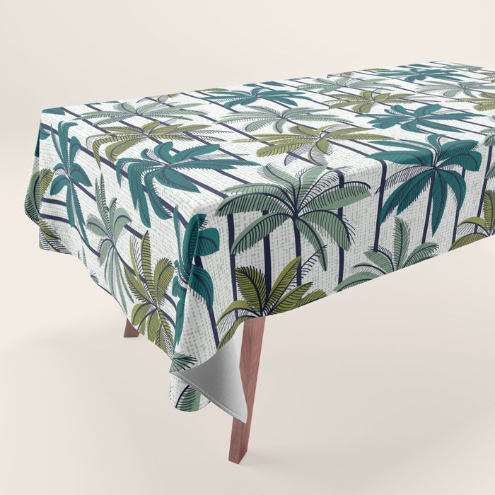 Retro Palm Springs vibes // white background highball sage and pine green palm trees oxford navy blue lines Tablecloth Gallery Image 1