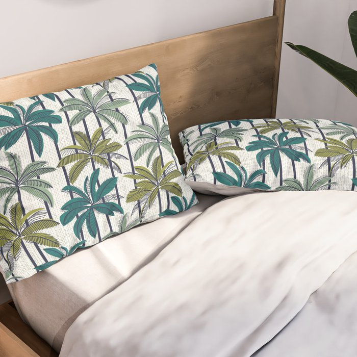 Retro Palm Springs vibes // white background highball sage and pine green palm trees oxford navy blue lines Pillow Sham Gallery Image 2